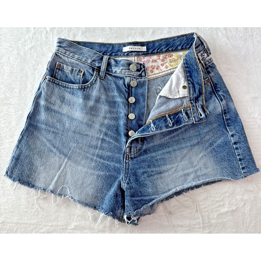 PacSun Denim Shorts 28 Floral Embroidered Ultra High Waisted Vintage‎ Button Fly